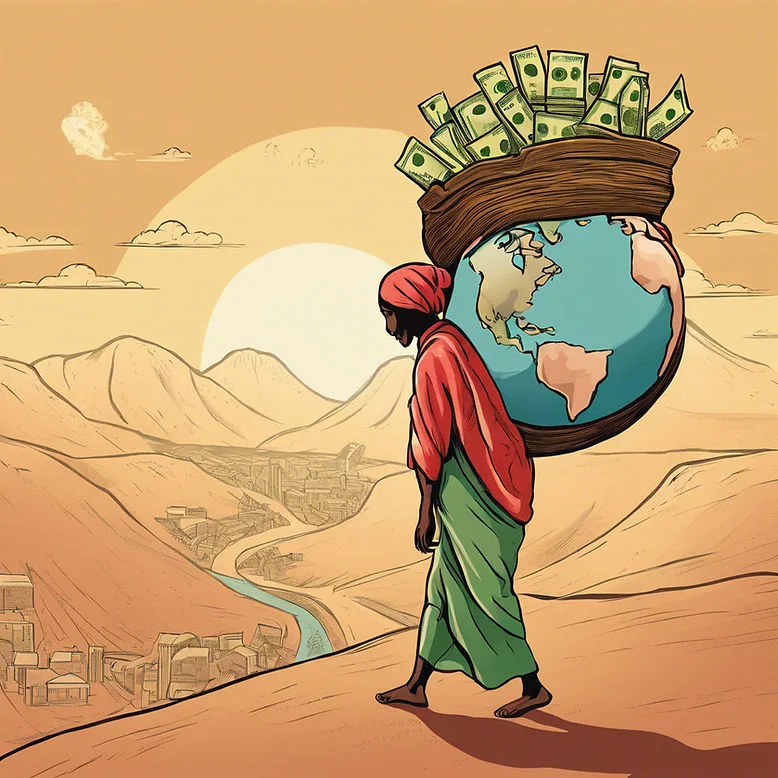 A women carrying a world on her back - intended to signifiy how struggling people carry the world with their money